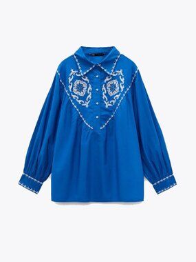 Zara Blue Embroidered Western Blouse Size XS